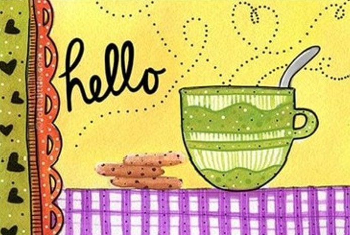 Hello greeting card with green tea cup and cookies